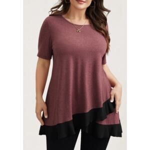 BLOOMCHIC 18-20 2X Plus Russet Contrast Overlap Round Neck Flared Top NWT B37